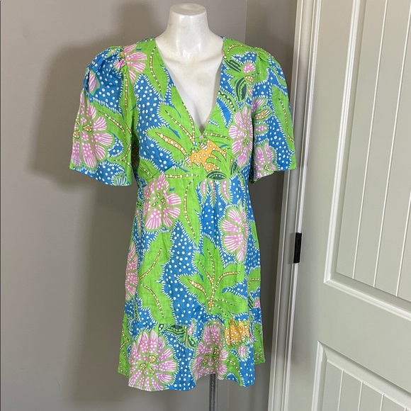 Anthropologie Rhode Mariana Linen Dress Blue Psychedelic Flower Grande Sz 10 NEW - Picture 4 of 14